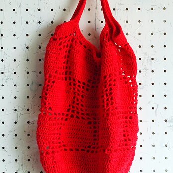 コットン糸の方眼編み手提げ袋*サークル*赤の画像