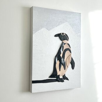 レザーのコラージュアート（ペンギン） A4サイズ 木製パネルの画像