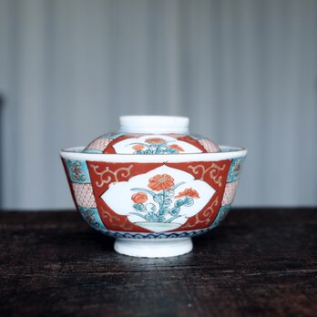 赤と浅葱色が素敵◆赤尽くし。伊万里　花文赤絵蓋付碗　骨董　古美術　antiques　江戸期の画像