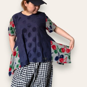 さくらんぼと水玉のカジュアルフィッシュテールTシャツ綿カットソーLサイズの画像