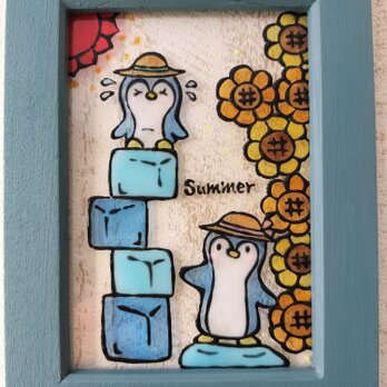 送料無料*ステンドグラス風*ペンギンとひまわり･ハンドメイド♪の画像