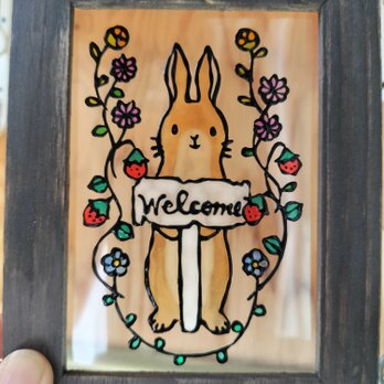 送料無料*ステンドグラス風*ウサギ･welcome･立て看板･ハンドメイド♪の画像