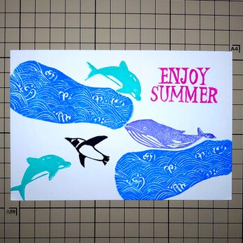 消しゴムはんこ「クジラ・イルカ・ペンギン・波・ENJOY SUMMER」６個セットの画像