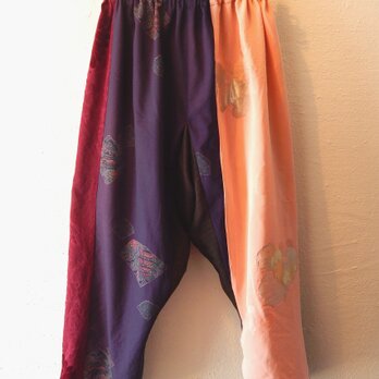 着物・浴衣リメイクサルエルパンツ　紫ｘピンク　2の画像