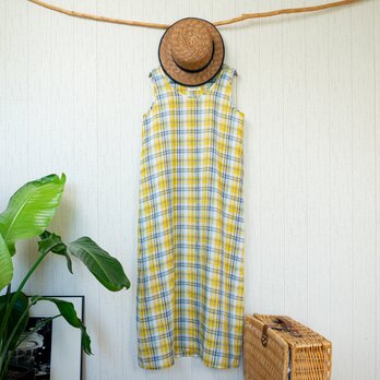 ☆20%off☆　マドラスチェックリネンの黄色いサンドレス　【イエロー・M・マキシ丈・タンクワンピース・Aライン・一枚仕立て】の画像