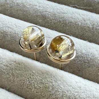 ゴールドルチル クォーツ 1粒ピアス 14kgf