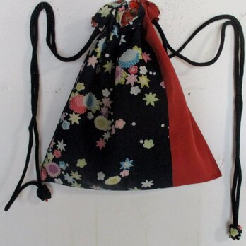 ７２５４　花柄の着物で作ったショルダー型巾着袋　＃送料無料の画像