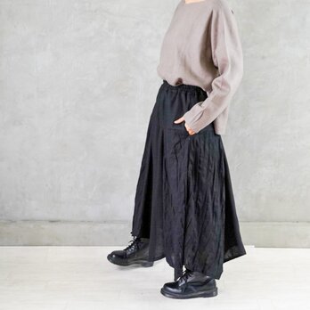 【足長効果】ピンタック　リネン マキシ丈 ロング スカート　ブラックの画像