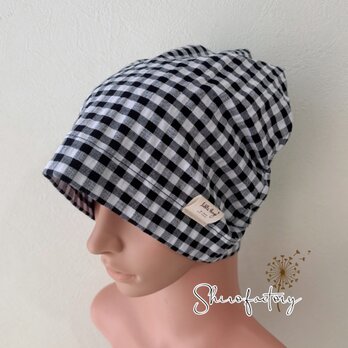 おしゃれで可愛いハンドメイド帽子 リップル生地《ギンガムチェック　ブラック》医療用帽子　ケア帽子　 三角巾　お祭り