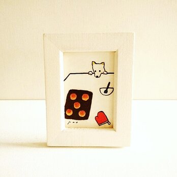 ”人気作品”かわいい犬の絵｜原画｜「パンを焼いた日」 ※木製ミニ額縁入り　の画像