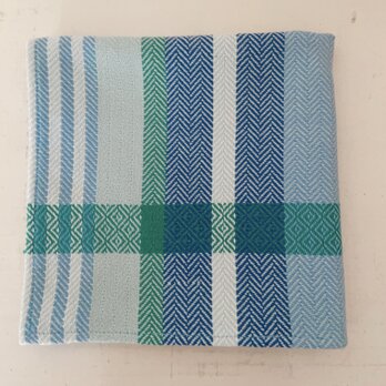 ＊手織り＊優しいブルーのヘリンボーンコットンハンカチ(グリーンライン)の画像
