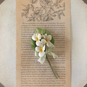 〈染め花〉スミレとくしゅくしゅリボンのコサージュ(オフホワイト)の画像