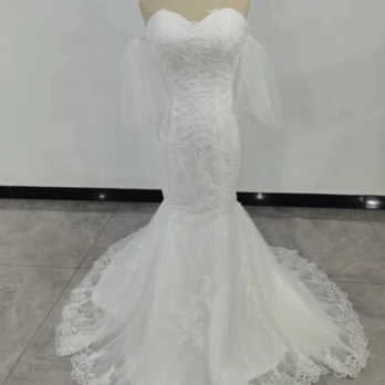 エレガント ウエディングドレス マーメイドライン 3D立体レース刺繍 華やかなトレーン花嫁/結婚式/披露宴の画像