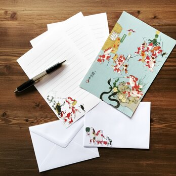 浮世絵 金魚 レターセット 和風 便箋 和紙 文具 手紙 和雑貨 ギフト 海外土産 歌川国芳 B 淡水色