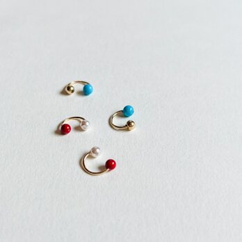 Turquoise & 14kgf beads, Coral & Swarovski Pearl 2Way Ear cuffの画像