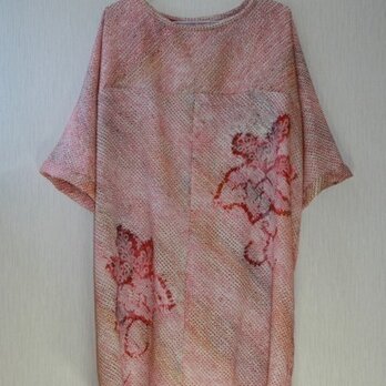 絹 絞り　赤橙色系　　チュニックワンピース　MLサイズ