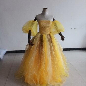 イエローキラキラチュールカラードレス 可愛い 編み上げ プリンセスドレス オーバードレスの画像