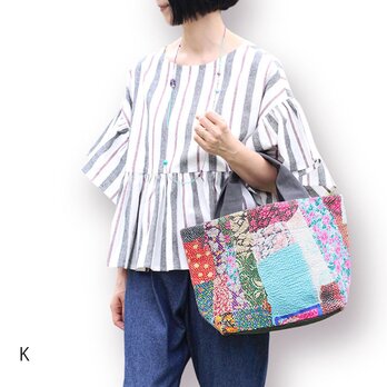 カンタ刺繍パッチワークキルトのトートバッグ【Lサイズ/K】の画像