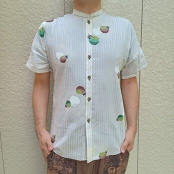 半袖浴衣反物リメイクスタンドカラーシャツ（野菜柄）の画像