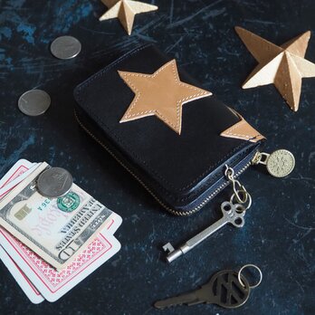 キーウォレット [ キーケース + ミニ財布 ]（星パッチワーク/ ブラック）本革 コンパクト スターの画像