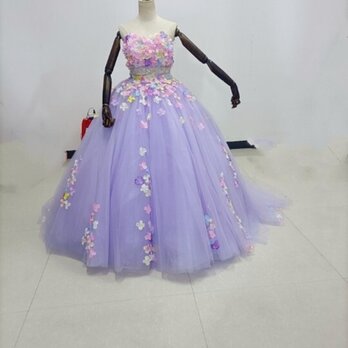 豪華！ 紫 ベアトップ カラードレス 花モチーフ ビジュー 華やかなトレーン プリンセス /結婚式/披露宴の画像