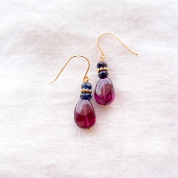 【K14gf】Rhodolite Garnet Earrings／ロードライトガーネット×ブルーサファイア ピアスの画像