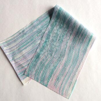 絹手染ハギレ（12cm×39cm  渋緑薄紫ピンク）の画像