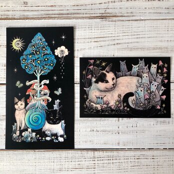 オリジナルポストカード2枚セット 変形サイズ と通常サイズ「ひとときの魔法」「猫木霊」★ 猫 星月猫 アートの画像