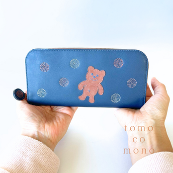 刺繍革財布『SHABON＆bear』NAVY（牛革）ラウンドファスナー☆「赤」☆