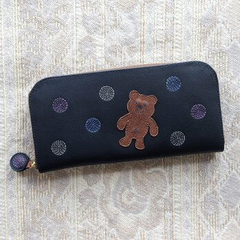 刺繍革財布『SHABON＆bear』NAVY（牛革）ラウンドファスナー☆「青」☆の画像