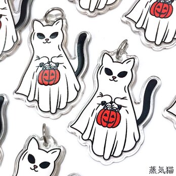 ハロウィン猫お化けAチャーム 2個【猫かぼちゃ 動物 レジン ピアス イヤリングパーツ ハンドメイド素材】の画像