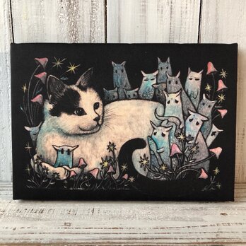 星月猫★アート「猫木霊 ～これをあげますはなしてください～」猫 猫絵画　SM 複製画　木製パネル貼り「002」の画像