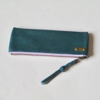 イタリア革の長い3ポケット小銭、小物入れ（オルテンシア・緑青）の画像