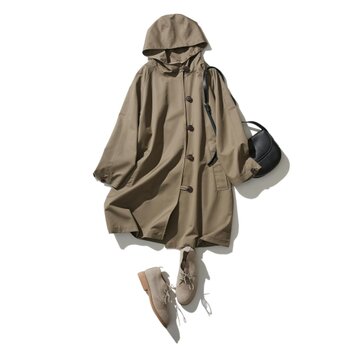 羽織るだけで雰囲気格上げ　フード付きアウター　ロングコート　くすみのある渋い茶色　230911-4の画像