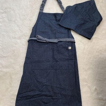 キッズエプロン＆三角巾・150サイズ・リバーシブルデニム調（紺）腰紐タイプの画像