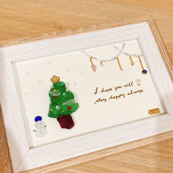 シーグラスアート　クリスマスツリー　雪だるま　ヒーリングアート　絵画　インテリア　飾りの画像