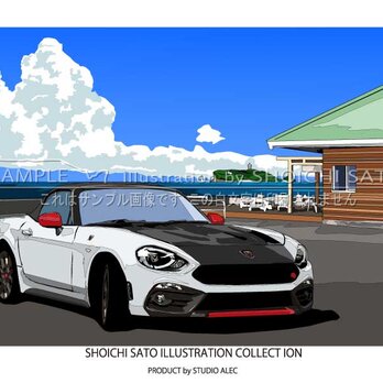 湘南イラスト「江ノ島と七里ヶ浜駐車場のアバルト124スパイダー」 A4サイズ・ポスターの画像