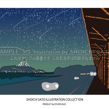 湘南イラスト・ポスター「湘南イルミネーション」　鎌倉高校前駅と江の島のイルミネーション　 A4サイズの画像