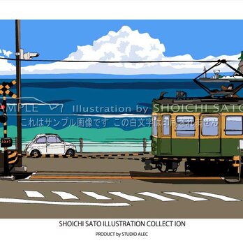 湘南イラストポスター「いつかの海岸線２」　鎌倉高校雨踏切ですれ違う江ノ電とフィアット500（ホワイト）　A4サイズの画像