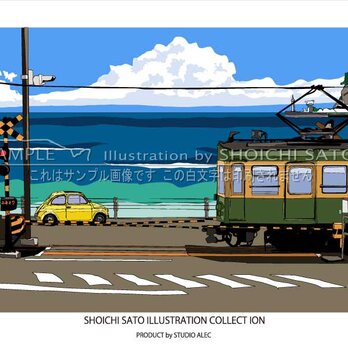 湘南イラストポスター「いつかの海岸線２」　鎌倉高校雨踏切ですれ違う江ノ電とフィアット500（イエロー）　A4サイズの画像