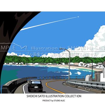 湘南イラストポスター「トンネルを抜けて」　材木座のトンネルを抜けるミニクーパー（ブラック）　A4サイズの画像