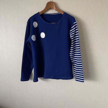 水玉プリント切替えTシャツ　青紺×白Fの画像