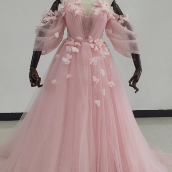 美品！ピンク 憧れのドレス ソフトチュール ベアトップ 小花 オフショルダー 花嫁/披露宴の画像
