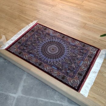 ペルシャ絨毯　ネイアブリシャム　ハイブリッド　カシャン産　玄関マット　レッド　90x60cmの画像