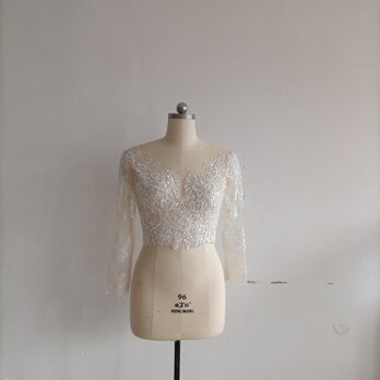 送料無料！ウエディングドレス トップスのみ 3D立体レース刺繍 ボレロ 七分袖丈 花嫁の画像