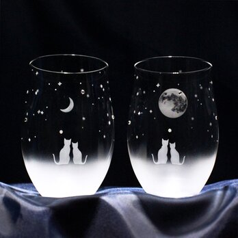 アトリエキース 一緒にみる【 満月 ＋ 三日月 】の夜空 ペアセット 猫モチーフのグラス ★名入れ加工対応品（有料）の画像