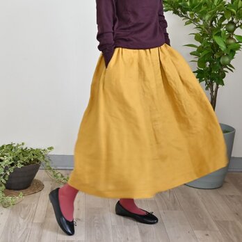 ベーシックデザインリネンギャザースカート：マスタードイエローの画像