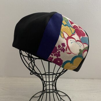 TOPI 着物リメイクベレー帽（黒×花）の画像