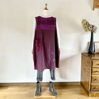 後ろドットの手織りバルーンジャンパースカート(M～L）えんじ色の画像