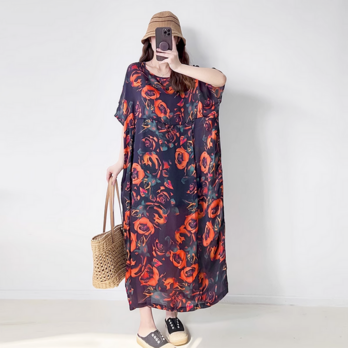 送料０♪上品.シルクシフォンワンピース.ゆったり (イェロー/赤)の画像